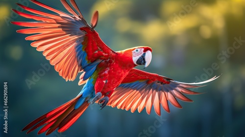  a red parrot flying through the air with its wings spread. generative ai