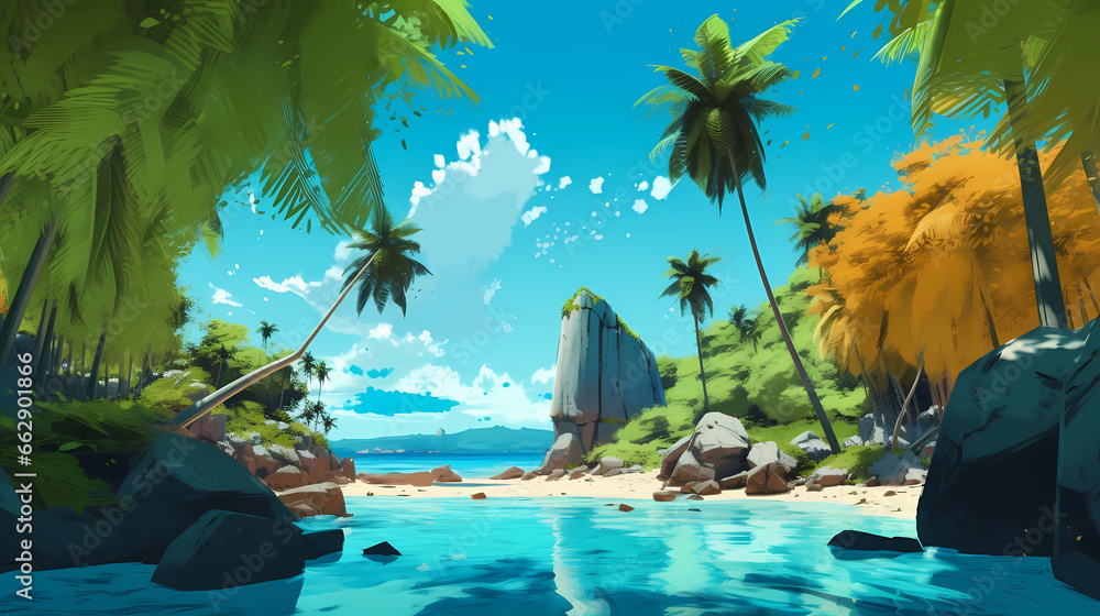 Fototapeta premium Illustration of a beautiful tropical island with a beach and palm trees