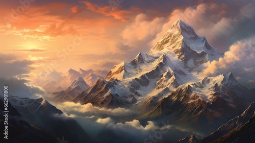  a painting of a mountain with clouds and a sunset in the background.  generative ai #662901800
