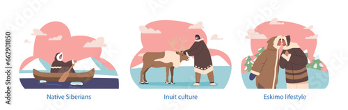 Isolated Elements with Eskimo Characters Riding Canoe, Nosing, Caress Reindeer. Inuit People Lifestyle Scenes