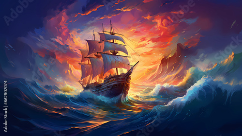 Illustration of a sailing ship in a storm photo