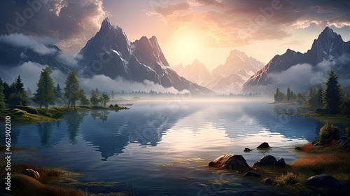  a painting of a mountain lake surrounded by clouds and trees. generative ai