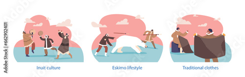 Isolated Elements With Eskimo Characters Hunting Polar Bear, Sewing, And Dancing. Inuit People Culture, Lifestyle