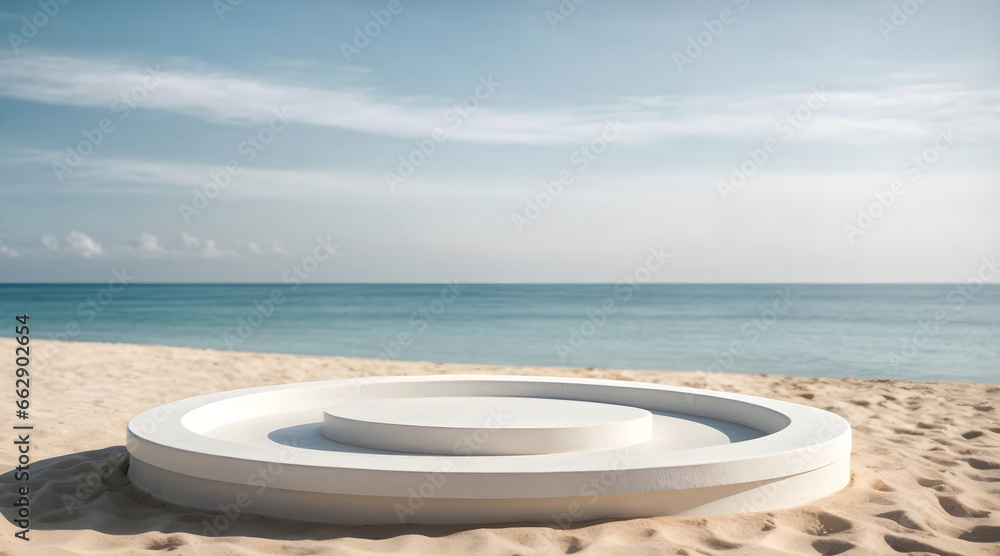 white round podium on beach with blue sea background