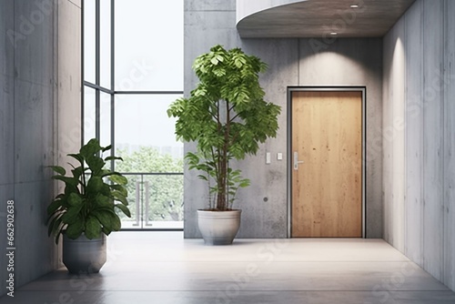 Contemporary office entrance with blank poster  elevator  plant  and concrete floor. 3D design. Generative AI