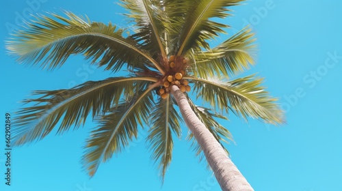 Overhead view of a palm tree with its iconic fronds  set against a clear blue sky for a classic tropical scene.