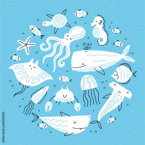 Round vector pattern with marine life, hand-drawn in the style of doodles