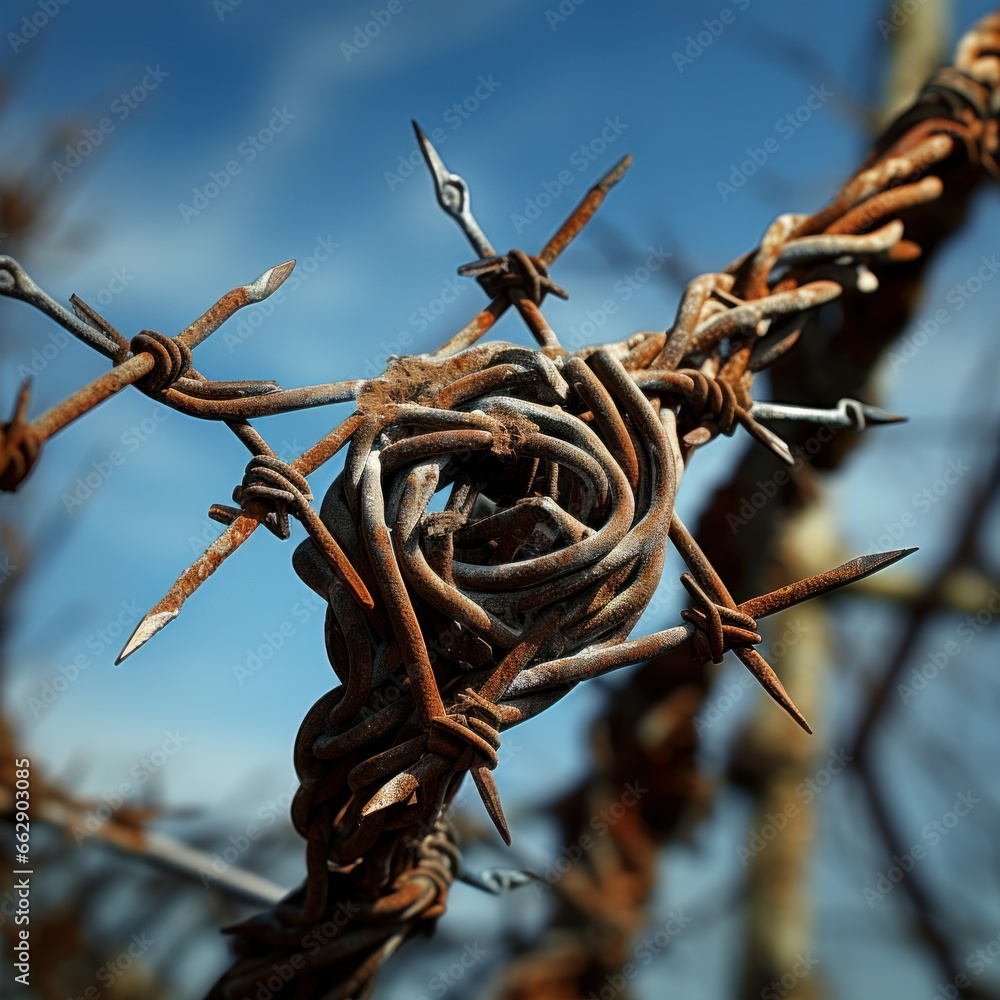 Intimidating Barbed wire field closeup. Freedom steel. Generate Ai Intimidating Barbed wire field closeup. Freedom steel. Generate Ai