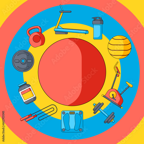 Background with fitness equipment. Sport bodybuilding items illustration.