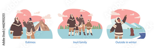 Isolated Elements with Eskimo Family Characters, Bundled In Warm Attire and Dog, Stands By Their Traditional Yurt