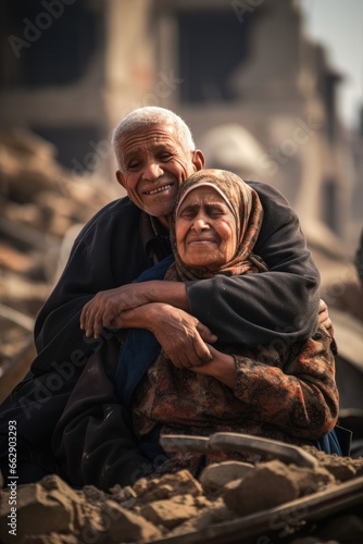 An old man and his wife cry outside their destroyed home after a rocket attack © Good AI