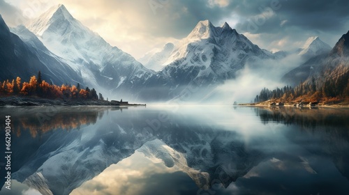  a mountain range is reflected in the still water of a lake. generative ai