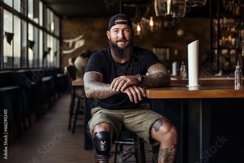 A man sits in a cafe and looks at the camera, a bionic prosthesis on his leg photo