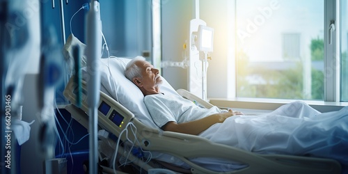 A patient resting in a hospital bed, under medical care, concept of Recovery