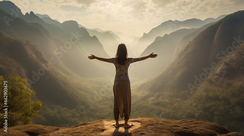  a woman standing on top of a mountain with her arms outstretched. generative ai