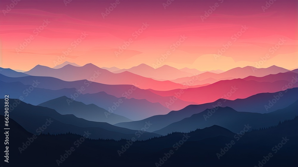  a mountain landscape with a sunset in the background and a pink sky.  generative ai