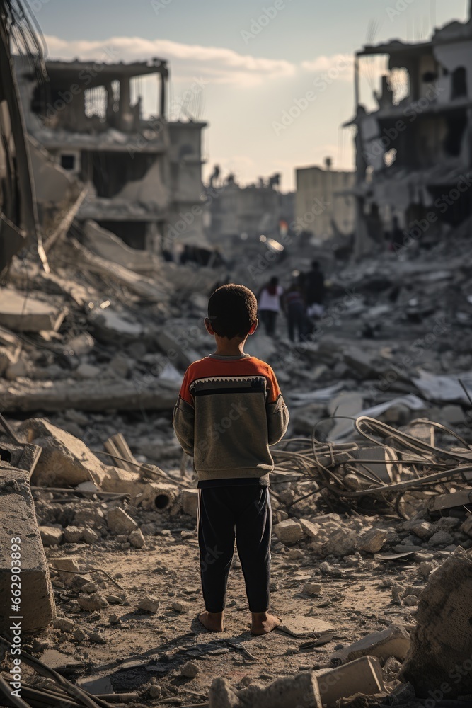 A child in a war-torn city looks at the ruins of his home