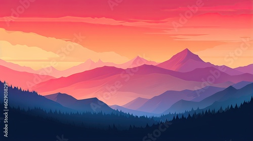  a mountain landscape with a sunset in the background and trees in the foreground. generative ai