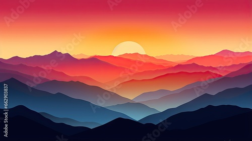  a sunset over a mountain range with a bright orange sun. generative ai