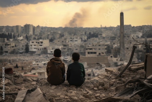 Children in a destroyed city