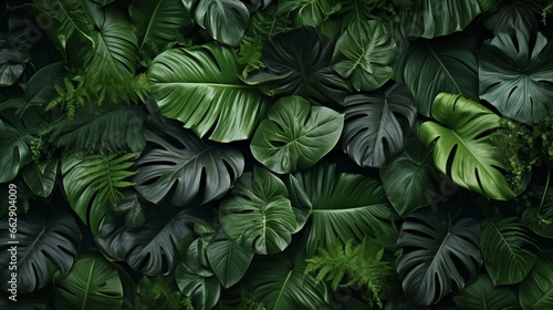 A collection of various tropical leaves artistically arranged  creating a visually striking and dynamic composition.