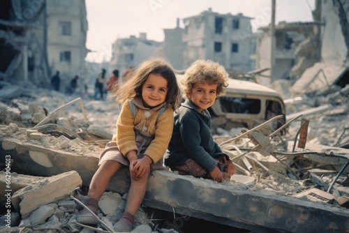 Small children, a brother and sister of oriental appearance, play with each other in a city destroyed after the war.