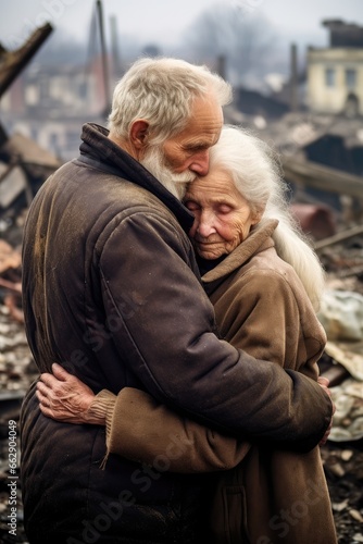 An old man and his wife are standing and hugging near a war-damaged house.