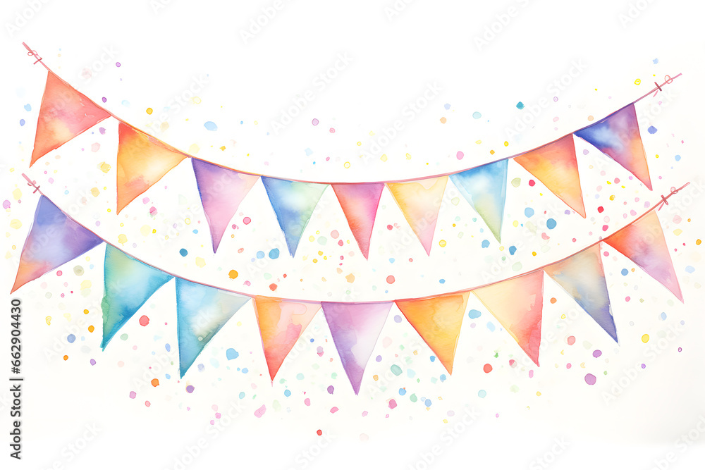Colorful watercolor string of bunting with lights isolated on white background