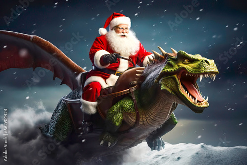 The Magical Dragon Sleigh Ride of Santa Claus. Gift Delivery. New Year celebration concept. © vladim_ka