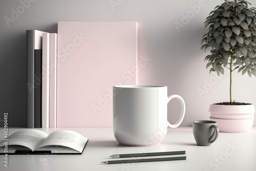 area for your branding in the empty copy Illustration of a mockup on a white table with a book, pen, coffee mug, and tree pot in the backdrop. Generative AI