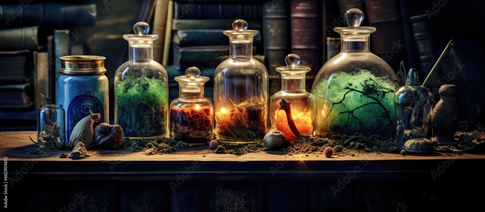 Halloween themed apothecary jars for witch potions With copyspace for text