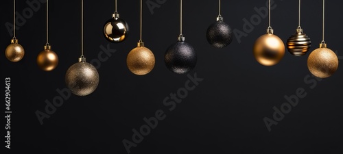 Christmas celebration decoration holiday banner template greeting card - Group of hanging gold black christmas baubles balls ornaments on black background wall texture