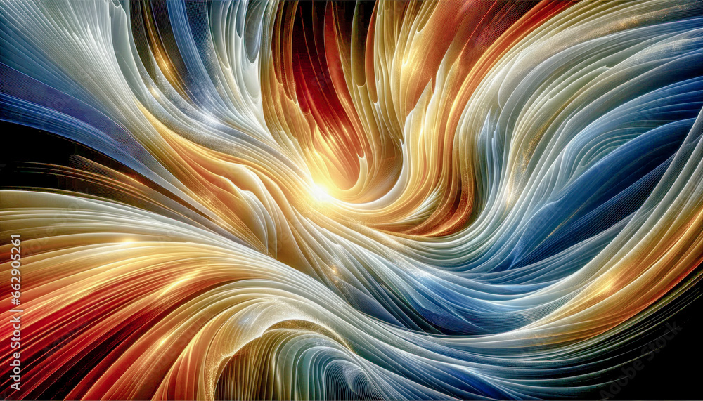 Fototapeta premium Digital Wallpaper Focused on an Iridescent Spectral Wave Illuminated under Strong Lighting Abstract Pattern is Complemented, seamlessly blending Smooth and Hard Lines Digital Art Cover Poster