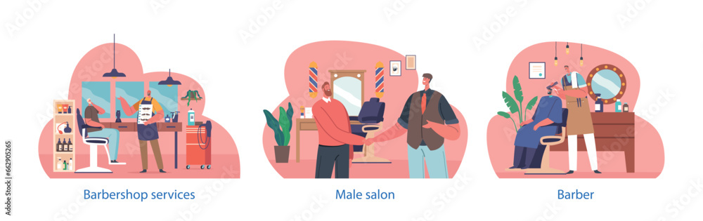 Isolated Elements With Barber Characters Perform Grooming Services At Barbershop, Offer Haircuts, Shaves, Vector Isolated Elements With Barber Characters Perform Grooming Services At Barbershop, Offer Haircuts, Shaves, Vector