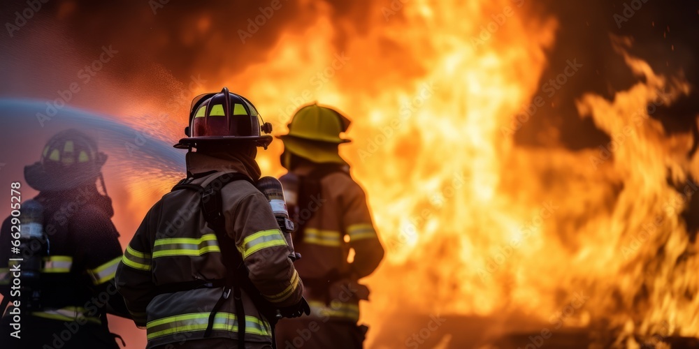 Obraz premium Firefighters work to extinguish fire explode accident Team fightingThey are fire drilling or fire fighting on the road the village or forest fire in the background