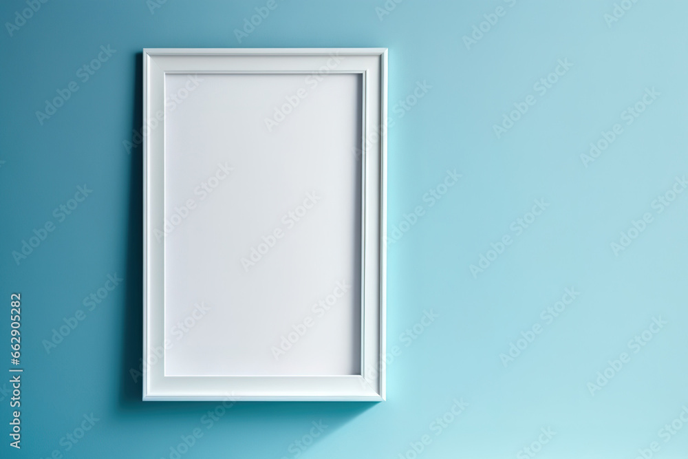 A white picture frame was mounted on a blue wall. Generative AI A white picture frame was mounted on a blue wall. Generative AI