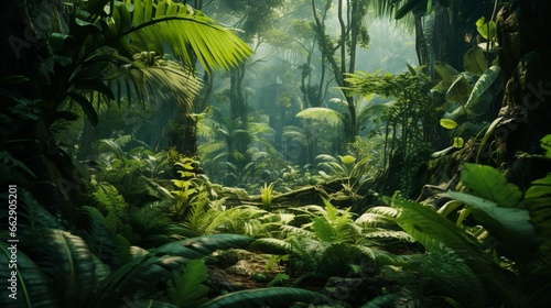 A lush tropical forest with a rich diversity of plant life, showcasing an array of different leaf shapes and sizes.