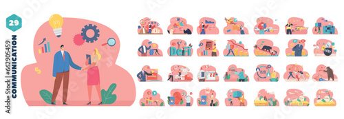 Set Of Set With Characters Perform Business Communication Scenes. People Exchange Information, Fostering Collaboration