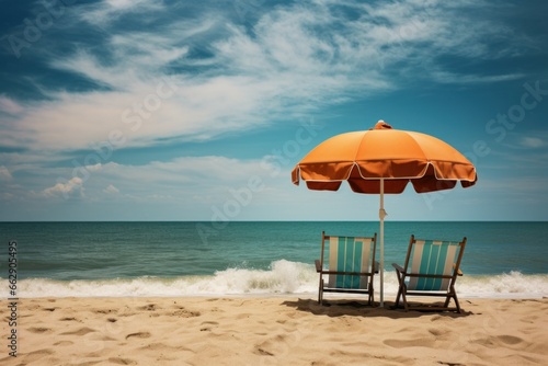 Lightweight Beach chairs umbrella. Sunset tropical resort. Generate Ai