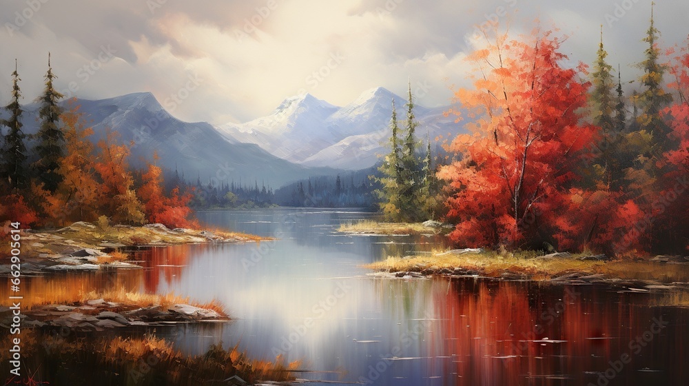 Fototapeta premium a painting of a lake surrounded by trees with red leaves. generative ai
