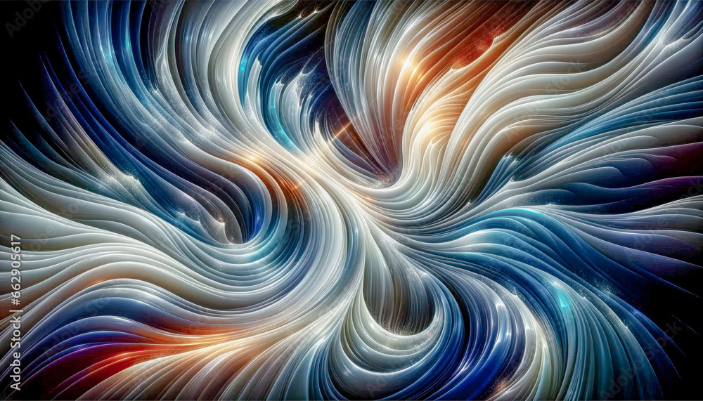 Fototapeta premium Digital Wallpaper Focused on an Iridescent Spectral Wave Illuminated under Strong Lighting Abstract Pattern is Complemented, seamlessly blending Smooth and Hard Lines Digital Art Cover Poster