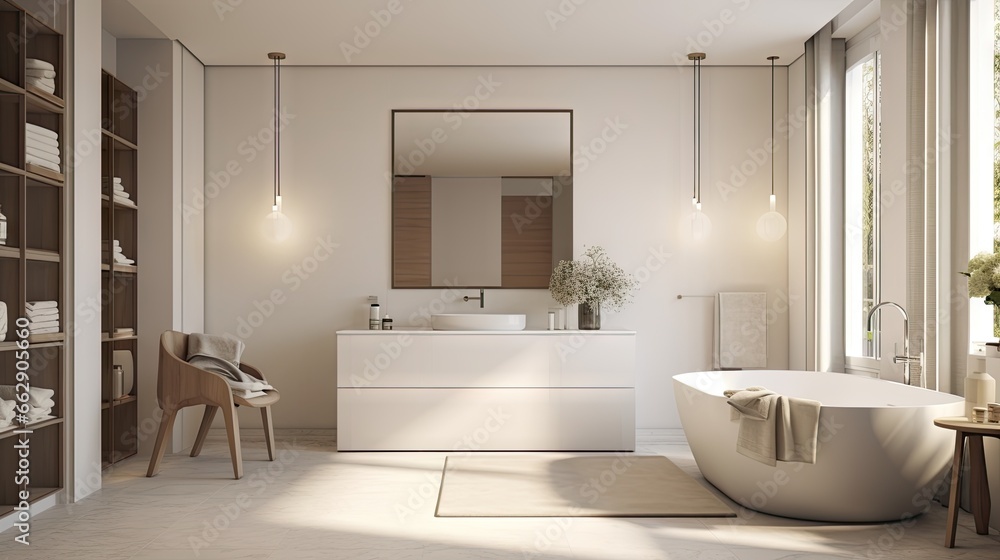  a bathroom with a tub, sink, mirror and shelves.  generative ai - obrazy, fototapety, plakaty 