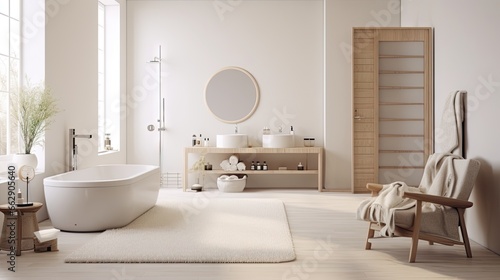  a white bathroom with a large tub and a chair in it.  generative ai
