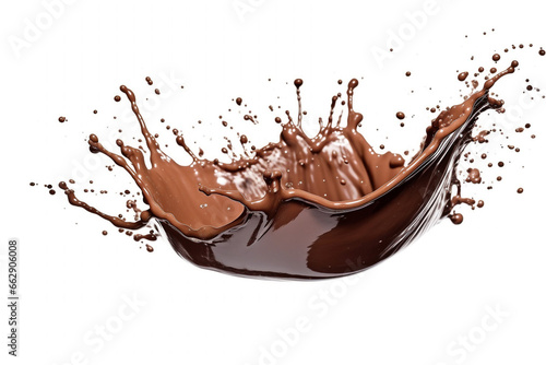 Dark chocolate on a white background, splashes of dark chocolate. Macro for college.