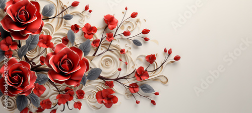 Valentine's day,Paper cut Red roses raindrops on white background with copy space. Creative floral Spring blossom concept for wedding, women, Mother, 8 March.Generative ai photo