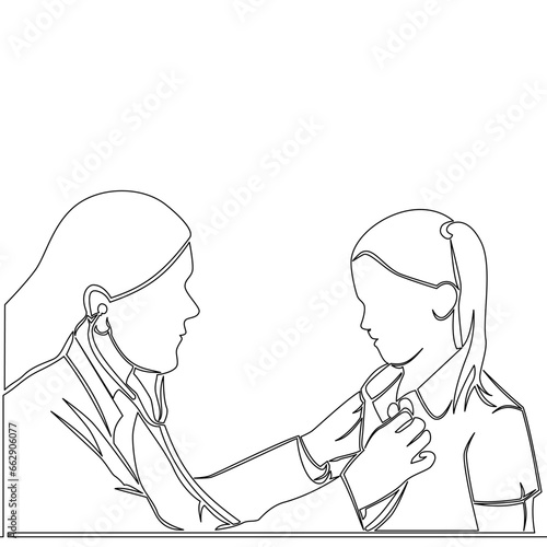 Continuous line drawing Female doctor listens to sick little girl icon vector illustration concept