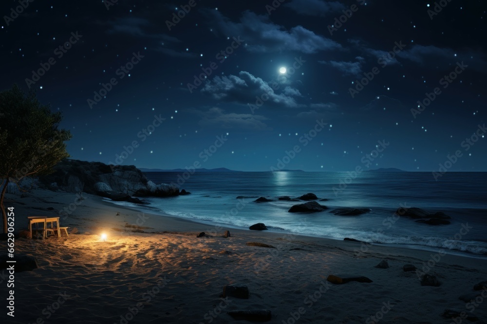 Mysterious Beach night sky. Stars tropical night. Generate Ai