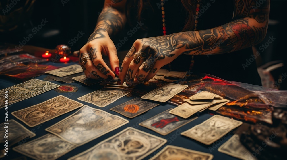 a close up of female hands drawing the tarot cards from the deck. A fortune teller woman with tattoos doing divination indoors - obrazy, fototapety, plakaty 