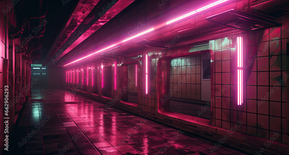 Urban Luminescence: Exploring a Neon-Lit Hallway Inside a Subway Station, Where Modernity Meets Underground Innovation