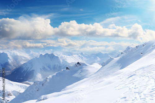 Snow-covered mountain range under a bright blue sky with white clouds from a high vantage point.
